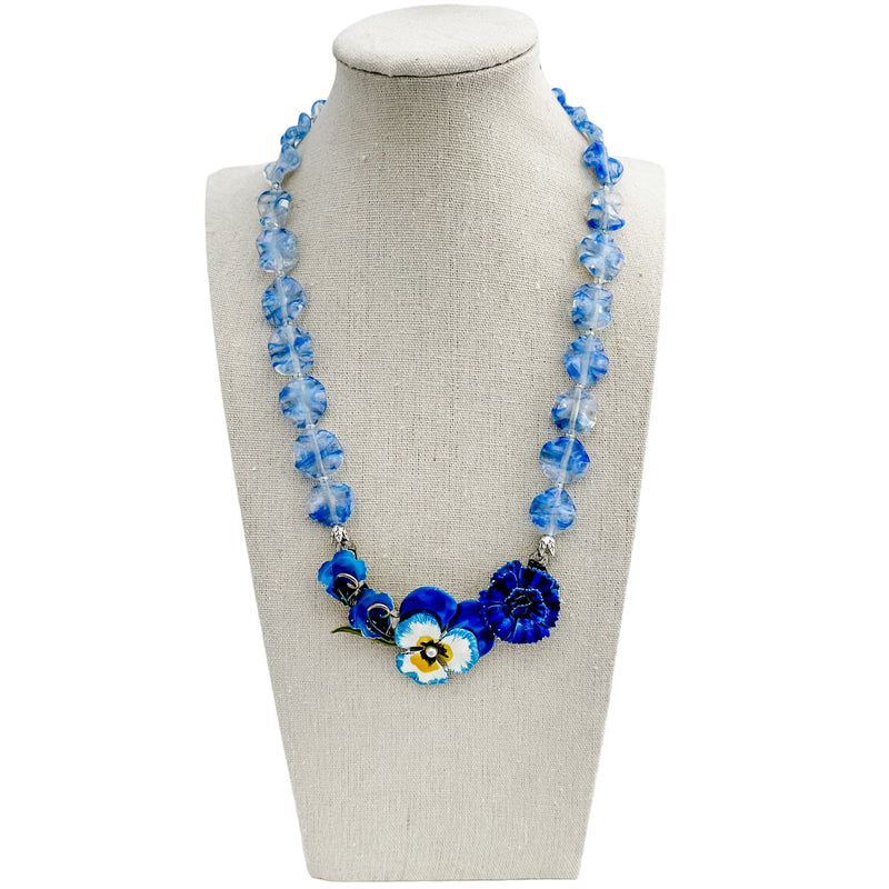Blue Pansies Collage Necklace
