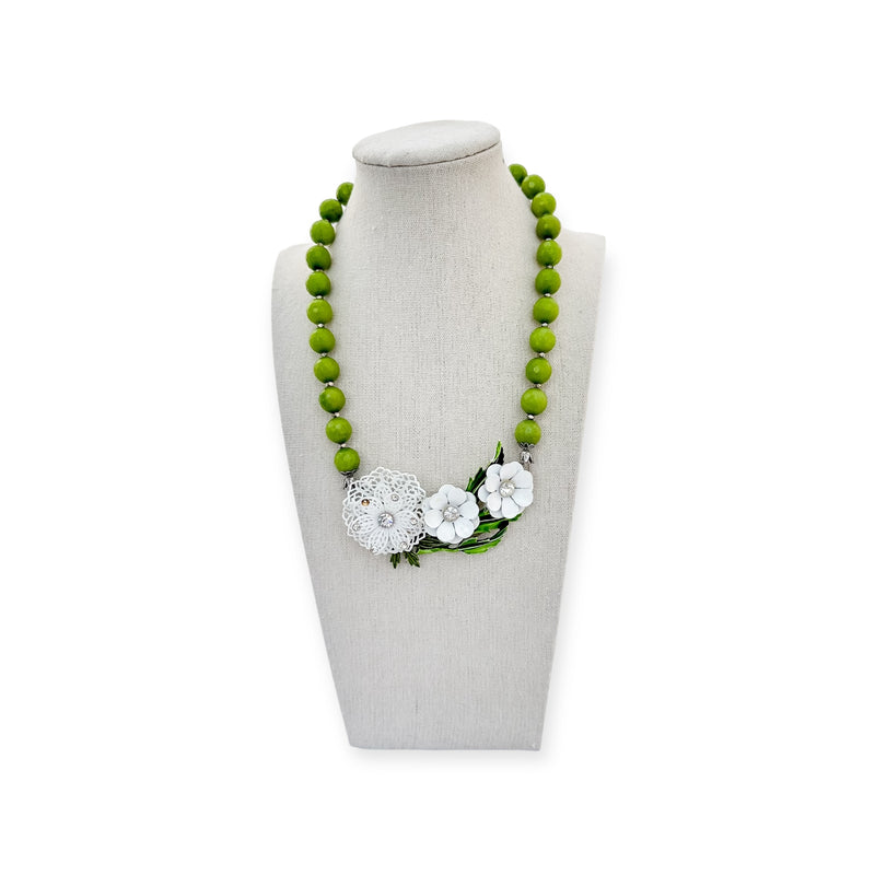 White vintage flower statement necklace with green beads