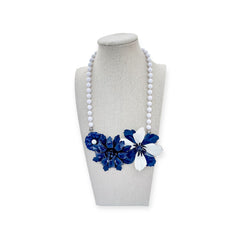 blue and white vintage flower collage necklace