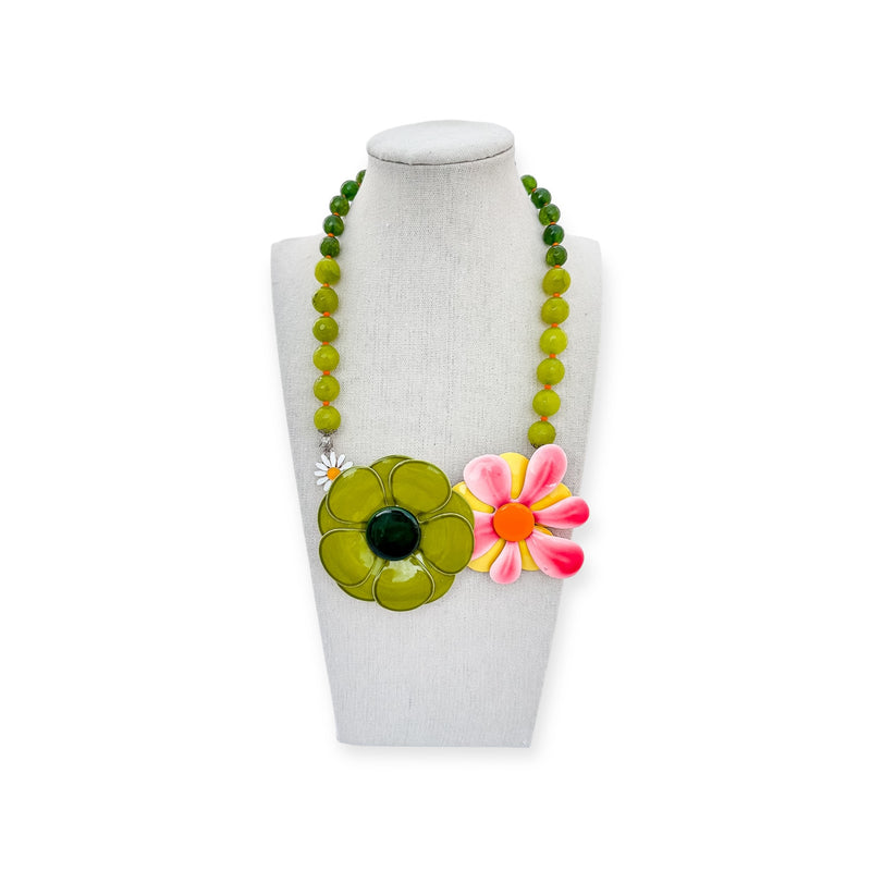 green and pink mod daisy statement necklace with green beads