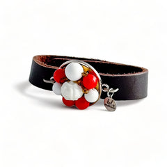 Red & white bauble leather cuff bracelet