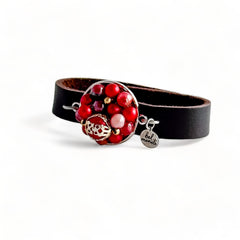 Mixed reds bauble leather cuff bracelet
