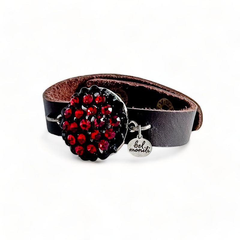 Red rhinestone bauble leather cuff bracelet