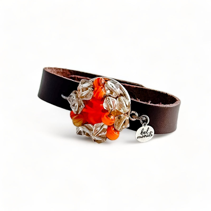 Orange glass bauble leather cuff bracelet