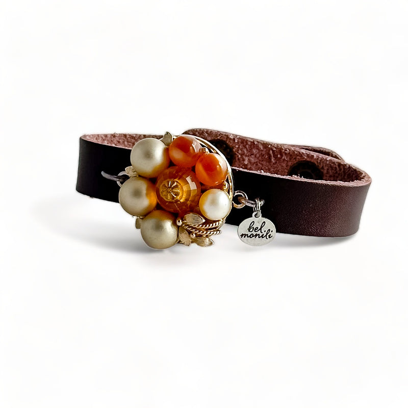 Vintage neutral bauble leather cuff bracelet