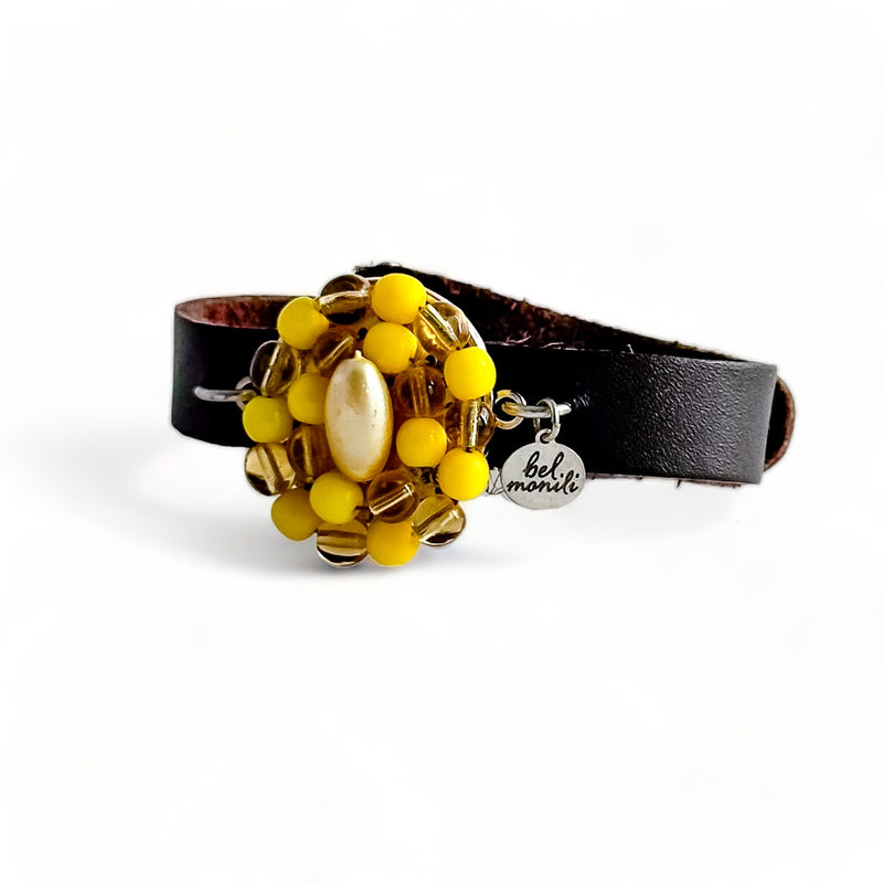 Vintage yellow glass bauble leather cuff bracelet