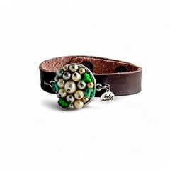 Vintage mixed greens bauble leather cuff bracelet
