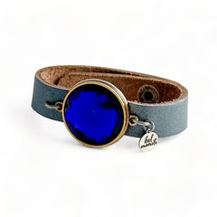 Cobalt rhinestone leather cuff bracelet