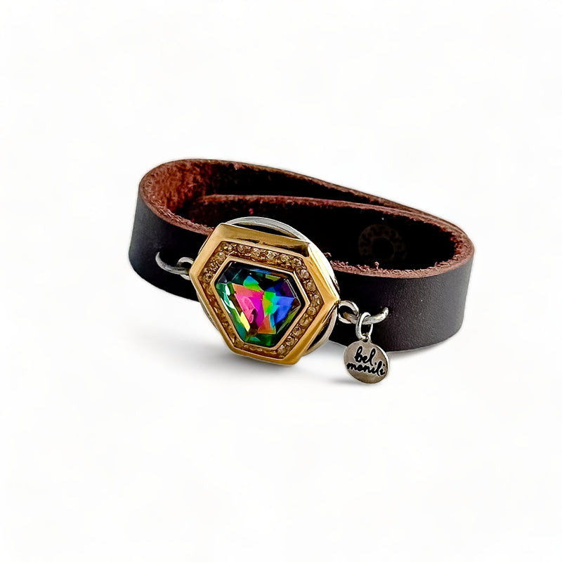 Vintage rainbow rhinestone bauble leather cuff bracelet