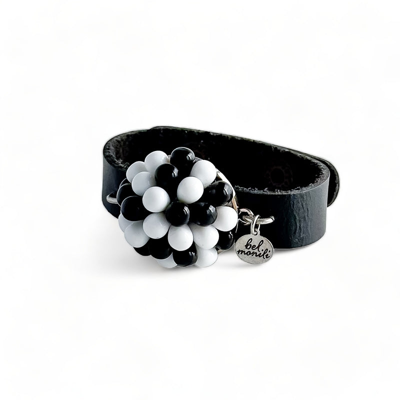 Vintage black and white bauble leather cuff bracelet