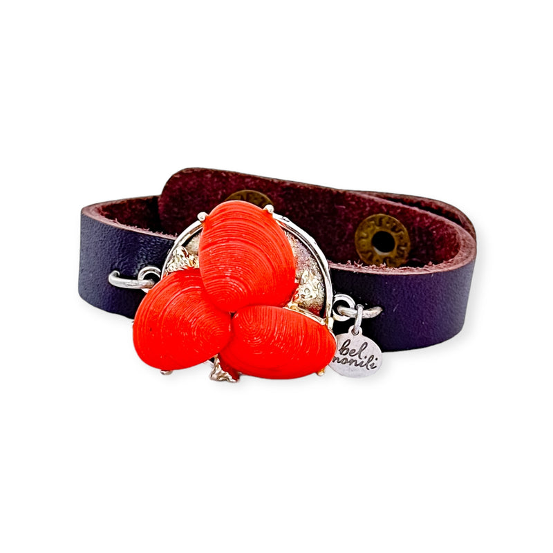 Orange seashell bauble leather cuff bracelet