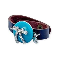 Teal rhinestone bauble leather cuff bracelet