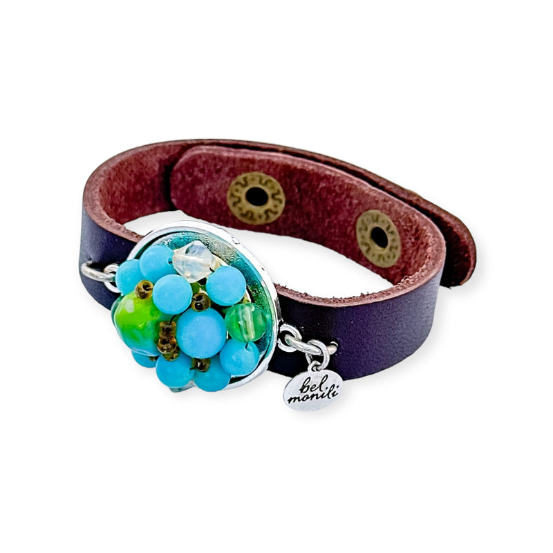 Blue and green vintage bauble leather cuff bracelet