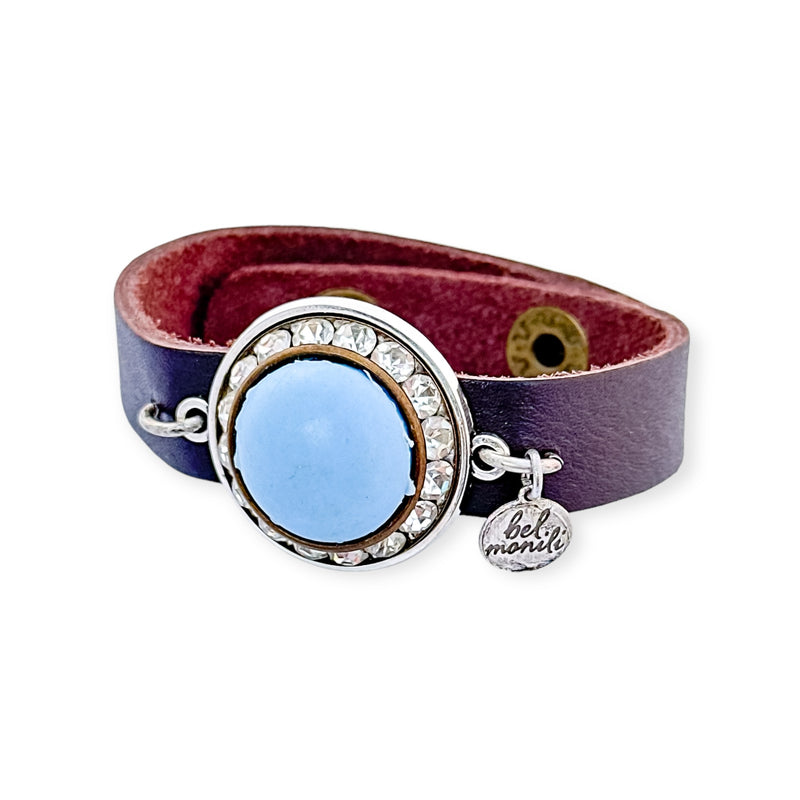 Sky blue vintage bauble leather cuff bracelet