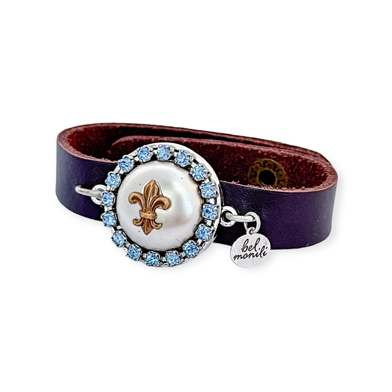 Pearl fleur de lis vintage bauble leather cuff bracelet