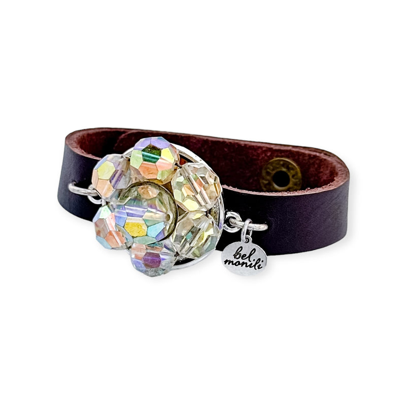 Aurora borealis crystal bauble leather cuff bracelet