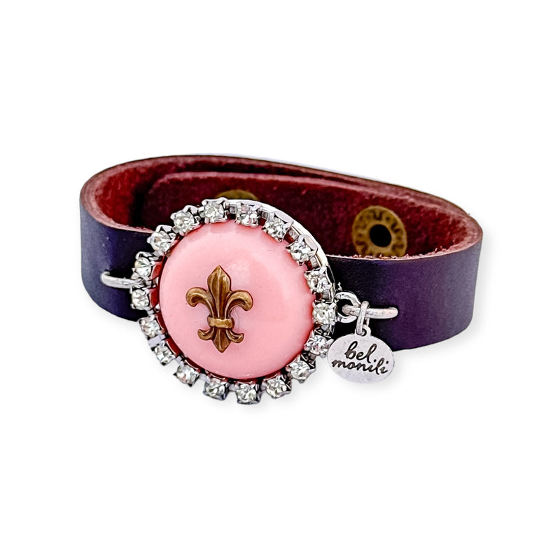 Pink fleur de lis vintage bauble leather cuff bracelet