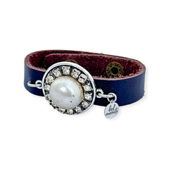 Pearl rhinestone vintage bauble leather cuff bracelet