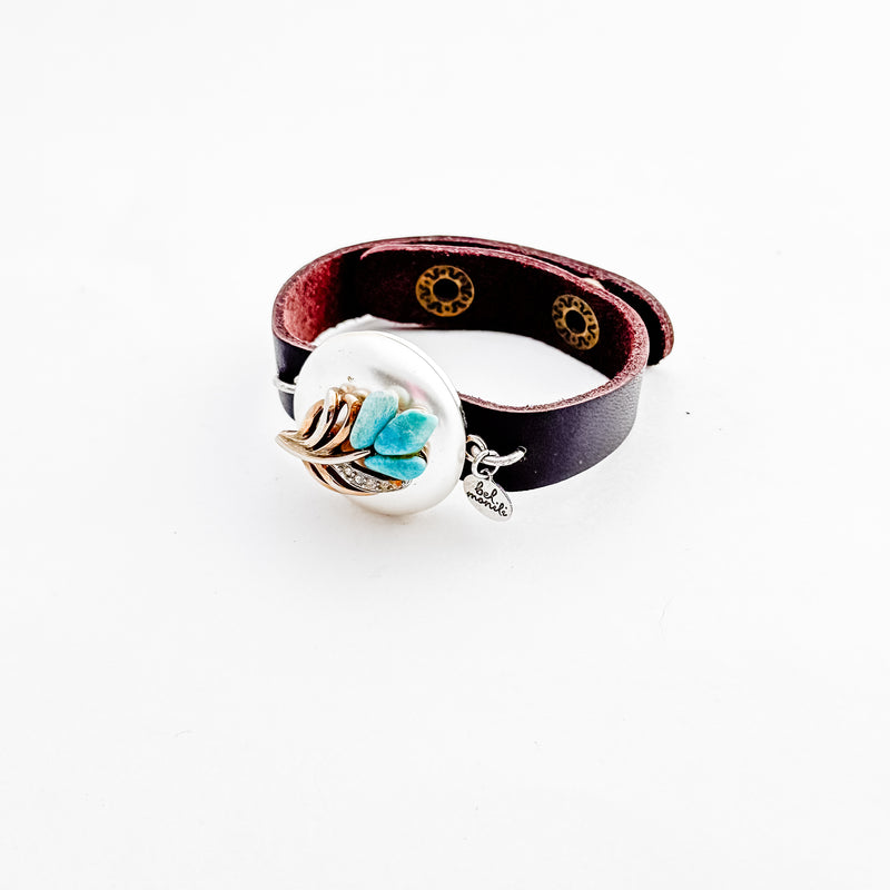 Turquoise flower vintage bauble leather cuff bracelet