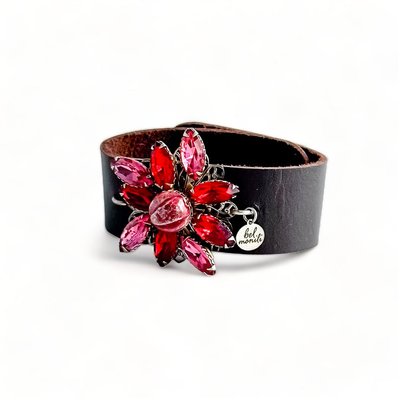 Large vintage statement rhinestone leather cuff bracelet bel monili