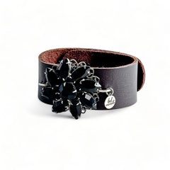 Vintage black rhinestone statement leather cuff bracelet