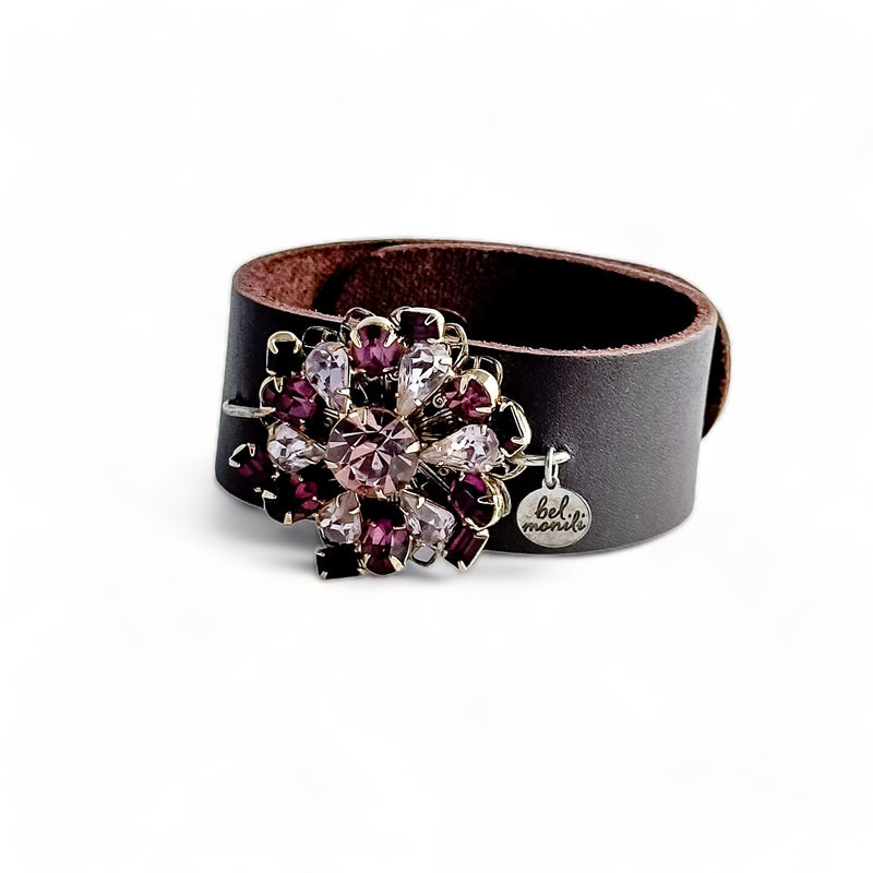 Vintage purple rhinestone statement leather cuff bracelet