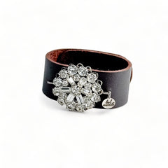 Vintage round rhinestone statement leather cuff bracelet