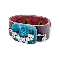 Gemstone and rhinestone vintage statement leather cuff bracelet