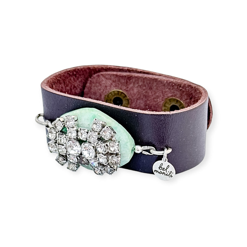 Amazonite and rhinestone vintage statement leather cuff bracelet