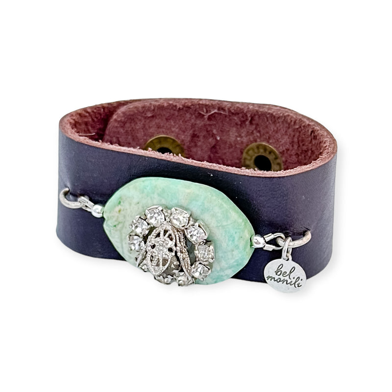 Amazonite vintage statement leather cuff bracelet