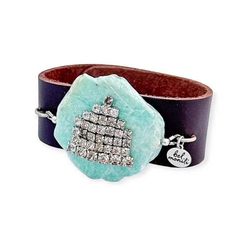 Natural amazonite statement leather cuff bracelet