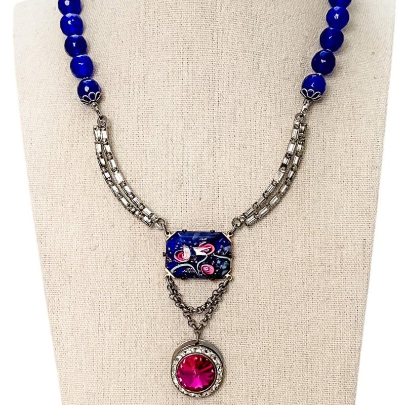 Vintage Blue Rhinestone Assemblage Necklace