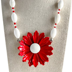 Red & White Single Flower Statement Necklace