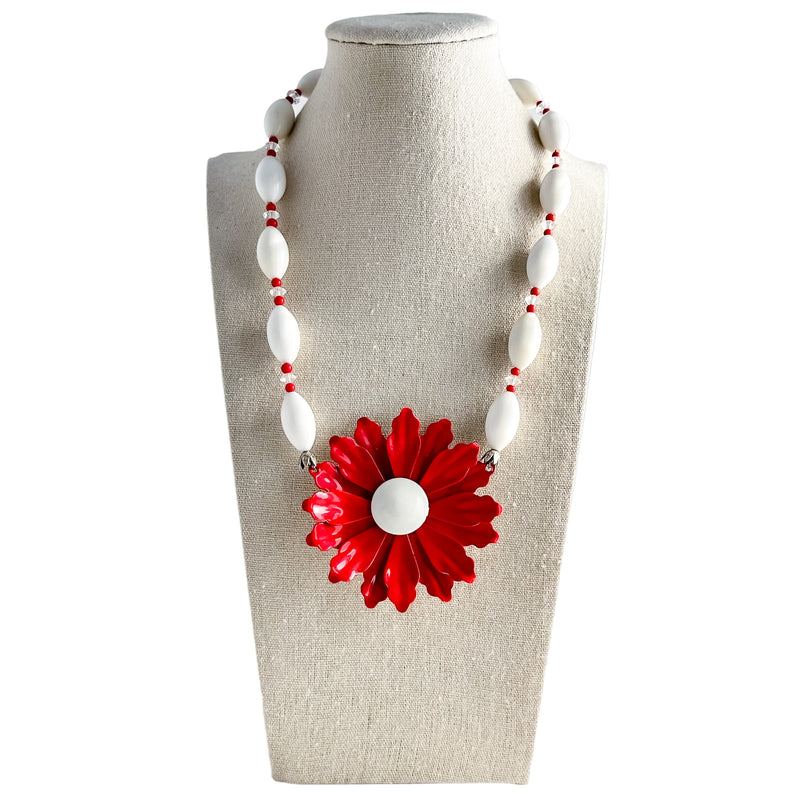 Red & White Single Flower Statement Necklace