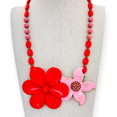 bel monili red and pink flower statement necklace with red and pink beads