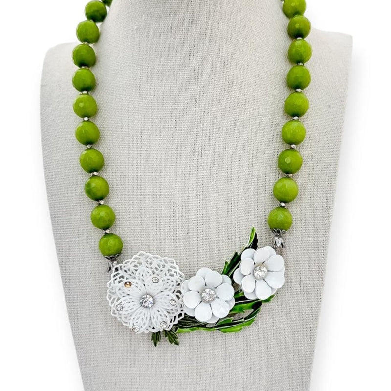 White vintage flower statement necklace with green beads