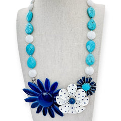 blue, white, and turquoise flower statement necklace