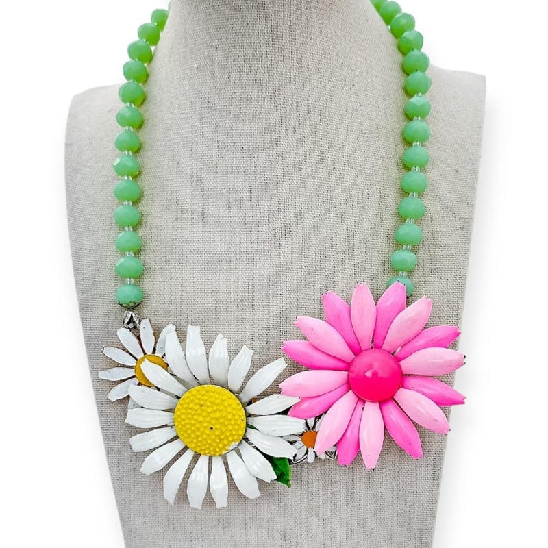 pink, white, and green vintage daisy statement necklace