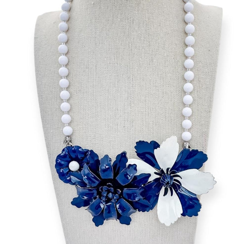 blue and white vintage flower collage necklace