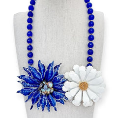 blue and white holiday poinsettia statement necklace