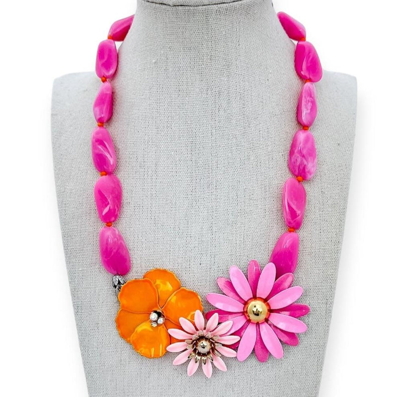 dark pink and orange flower statement necklace with repurposed vintage beads