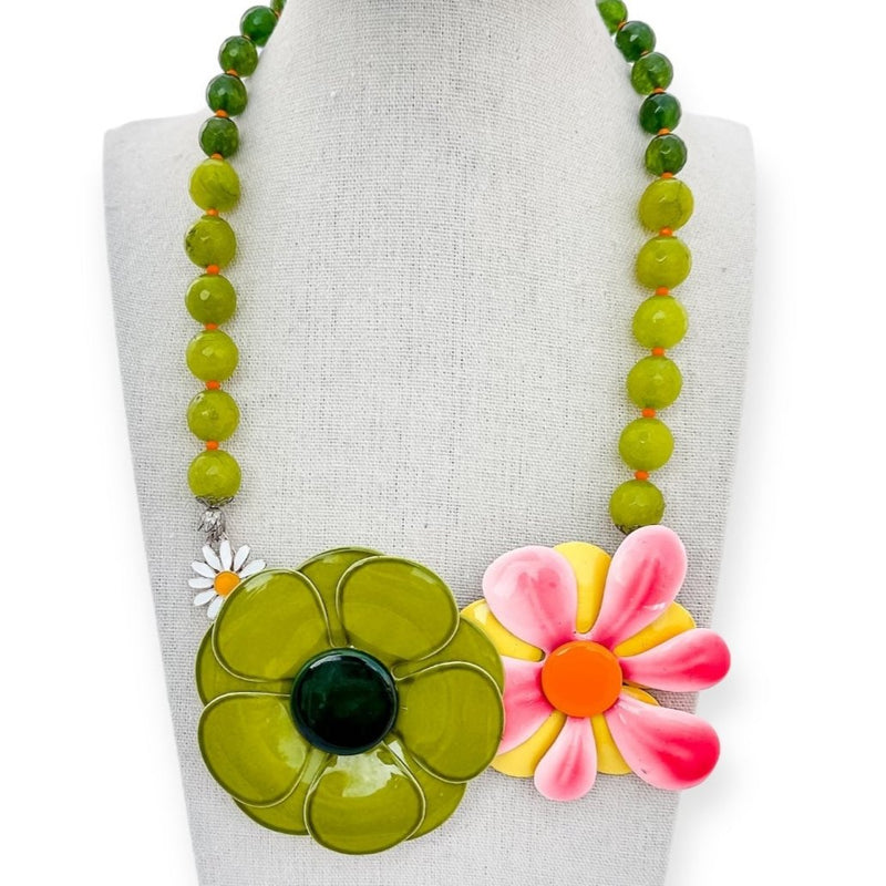 green and pink mod daisy statement necklace with green beads