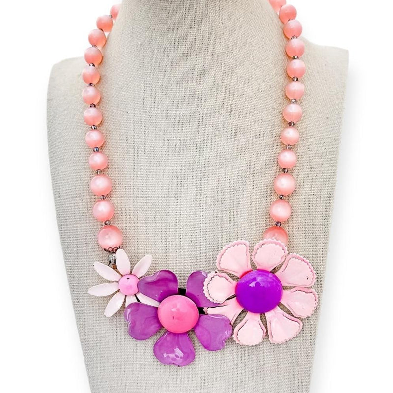 pink and purple vintage flower statement necklace with pink moonglow beads