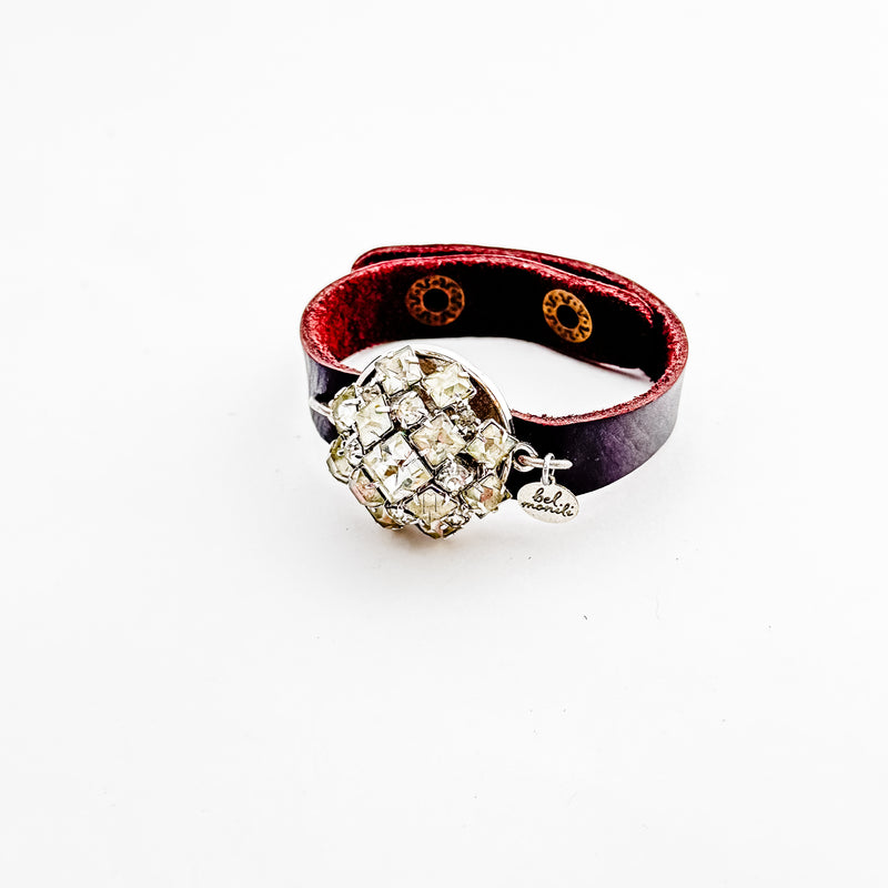 Rhinestone vintage bauble leather cuff bracelet