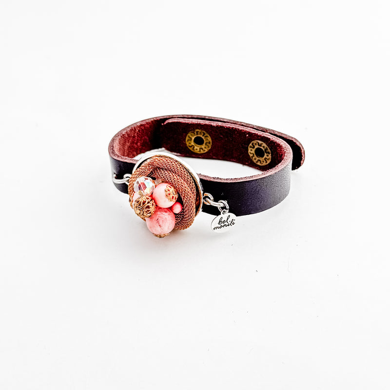 Pink and gold vintage bauble leather cuff bracelet