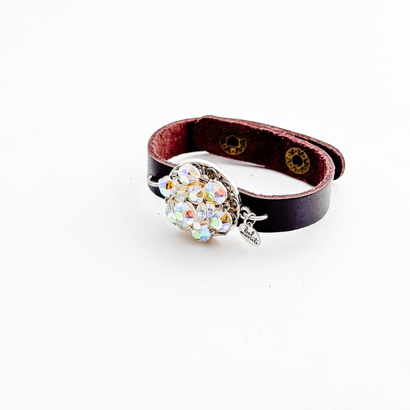 Iridescent crystal vintage bauble leather cuff bracelet