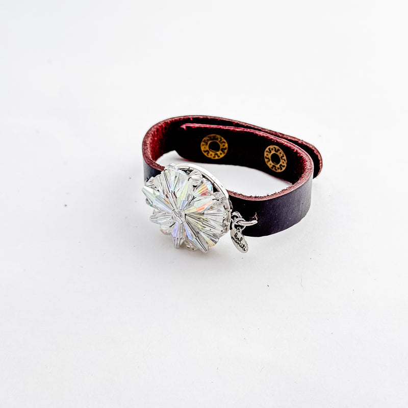 Starburst crystal vintage bauble leather cuff bracelet