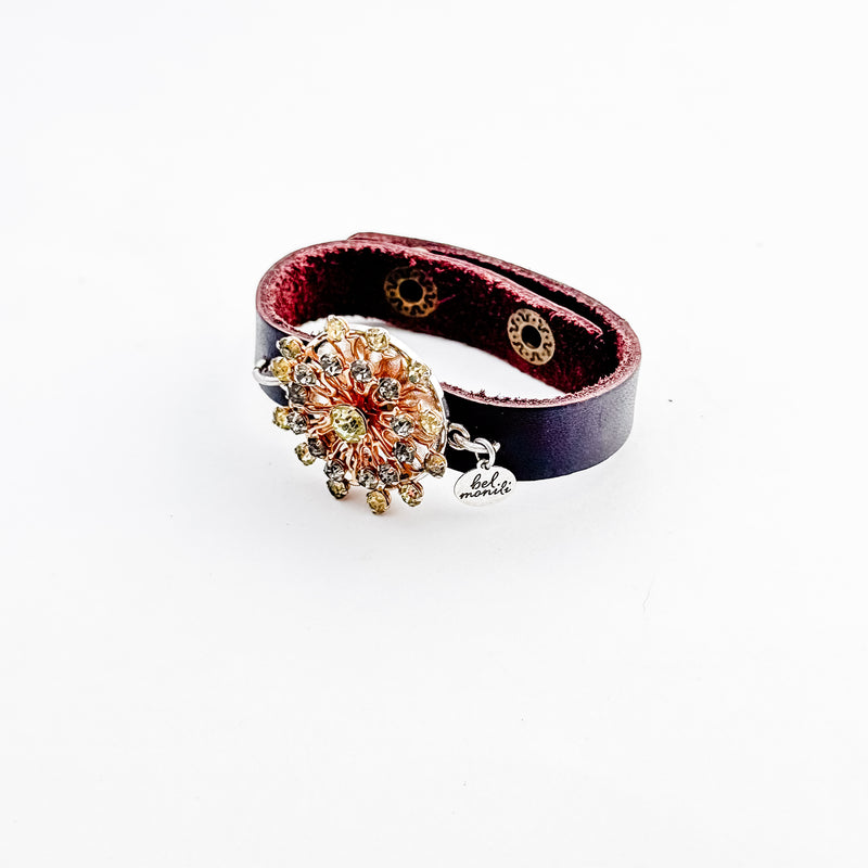 Rhinestone starburst vintage bauble leather cuff bracelet