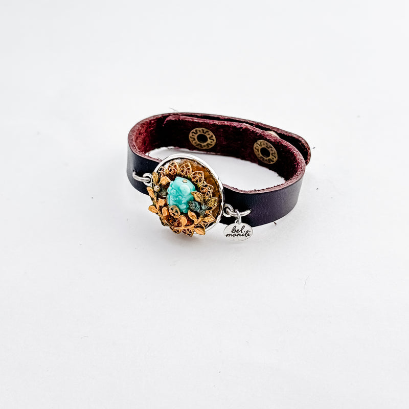 Vintage turquise glass bauble leather cuff bracelet