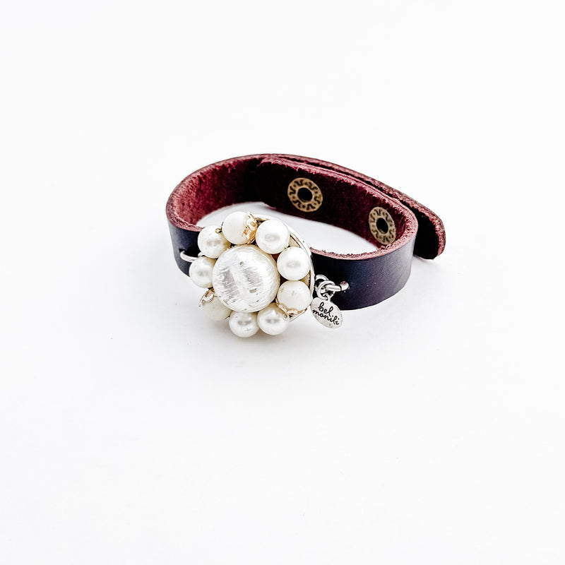 Vintage pearl bauble leather cuff bracelet
